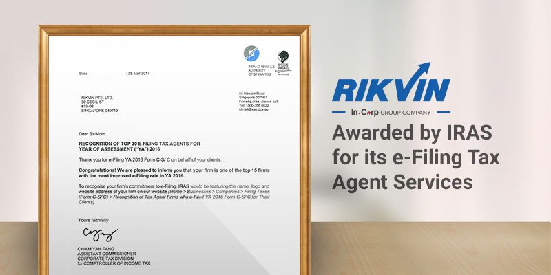 Rikvin (In.Corp Group Company) Awarded by IRAS for Its E-Filing Tax Agent Services
