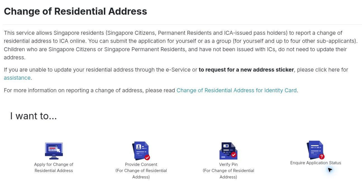 Screen capture ICA website to apply for change of residential address