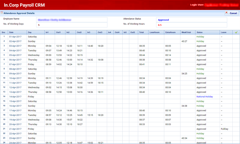 Payroll CRM Attendance Details